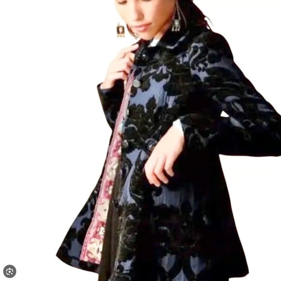 Free People Newsroom Brocade Navy Blue Jacket Size 2 - Picture 2 of 10